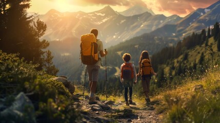 Obraz premium Traveling Family. Family in a hike in mountain forest.