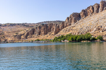 Halfeti Village with sunken mosque in Sanliurfa Province of Turkey. View of the sunken city Halfeti...