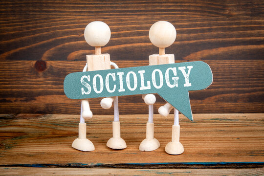Sociology. Green speech bubble with word. Miniature human figures
