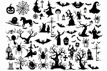 A collection of spooky Halloween silhouettes featuring witches, bats, pumpkins, and eerie trees