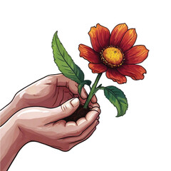 A hand holding a natural flower symbolizing the concept of saving our mother earth isolated on white vector illustrator 