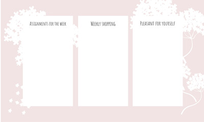 A weekly planner with the ability to write down tasks, purchases and your wishes, against a delicate background of hydrangeas