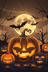 A glowing jack-o'-lantern amidst eerie bats under a full moon at Halloween night