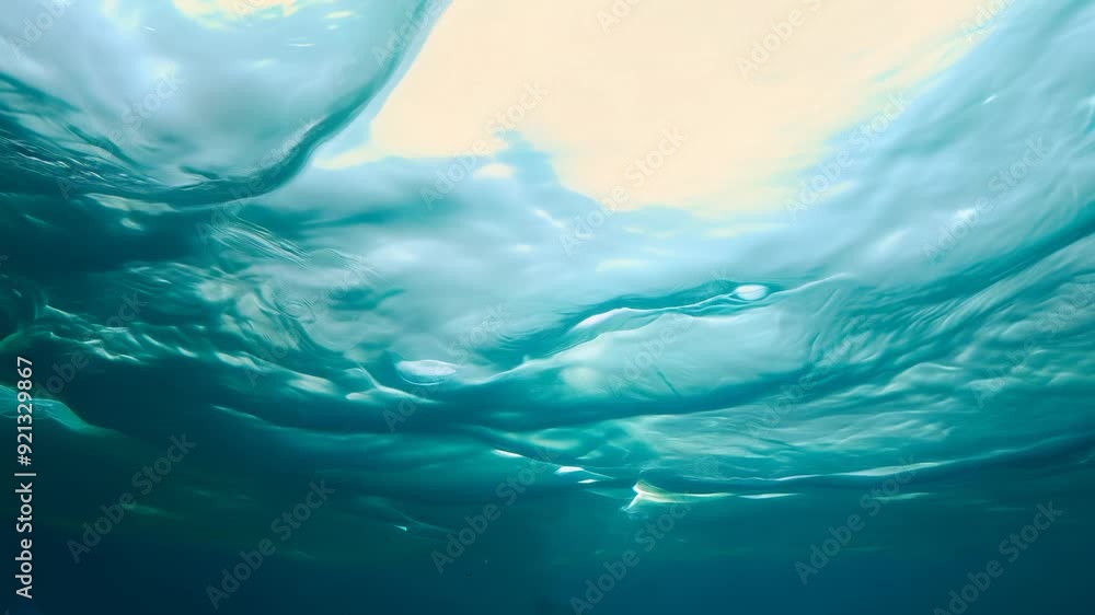 Poster tranquil underwater scene with sunlight filtering through the water's surface, creating a serene atm