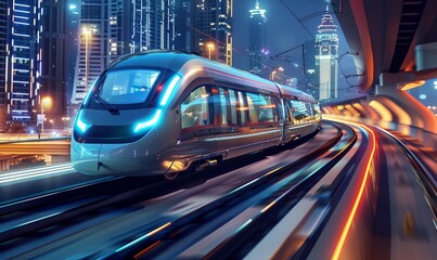 High-speed maglev train zooming through a modern metropolis at night