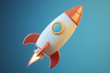 3D Rocket Launching with Clear Blue Background