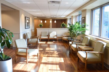 Multiple chairs and a potted plant in an inviting waiting room, Inviting waiting area with plush seating and soothing music
