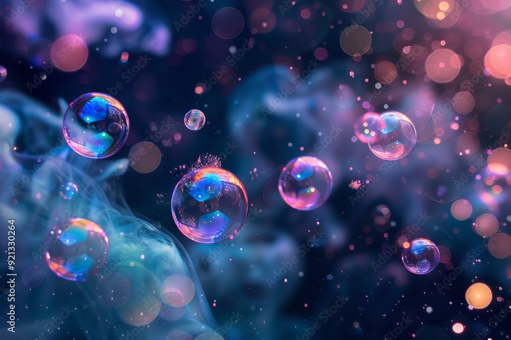 Poster multiple iridescent soap bubbles floating in the air, iridescent bubbles floating in the ether