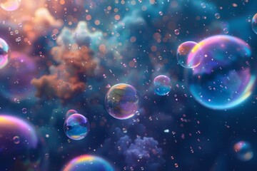 Group of iridescent soap bubbles suspended in mid-air, Iridescent bubbles floating in the ether