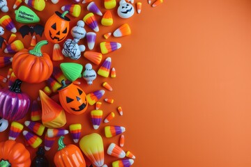 Obraz premium Colorful Halloween decorations and candy arranged on an orange background during the festive season