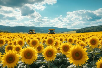 Fototapeta premium Harvesting agricultural crops in the fields with the help of modern tractors and combines, AI generated