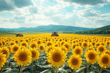 Harvesting agricultural crops in the fields with the help of modern tractors and combines, AI generated
