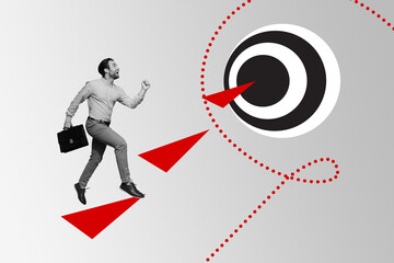 Composite collage image of funny man running achieve aim target climb startup manager freak bizarre...