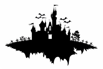 Haunted castle silhouette with bats and gravestones under a full moon at night