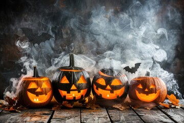 Halloween celebration with carved pumpkins and smoke on a rustic wooden table