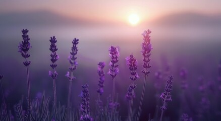 Naklejka premium Lavender Field at Sunrise With Soft Fog and Gentle Light