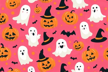 Colorful Halloween pattern featuring ghosts, pumpkins, and bats on a pink background