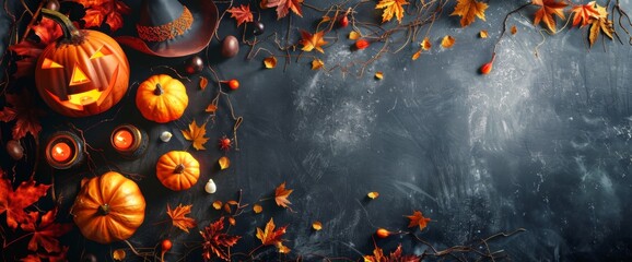 Orange pumpkins surrounded by scattered autumn leaves on a dark textured surface, creating a moody fall atmosphere. With copy space for text. Wide web banner