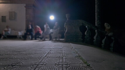 Giant wolf at the top of the Caraca Sanctuary stairs at night