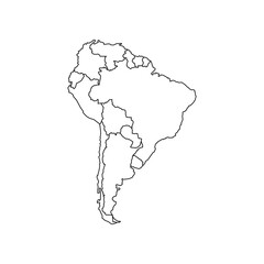 South America isolated map on white background. High detailed, with board. Brazil, Peru, Venezuela, Paraguay, Argentina, Colombia, Ecuador, Chile, Uruguay.