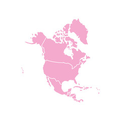 North America isolated pink map on white background. High detailed, with board. USA, Canada, Mexico, Cuba, Guatemala, Haiti, Dominican Republic, Honduras, Nicaragua.