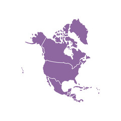 North America isolated purple map on white background. High detailed, with board. USA, Canada, Mexico, Cuba, Guatemala, Haiti, Dominican Republic, Honduras, Nicaragua.