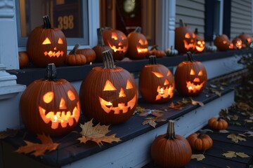 Obraz premium Carved pumpkins with glowing eerie light placed on porch, Jack-o'-lanterns glowing with eerie light on a dark porch