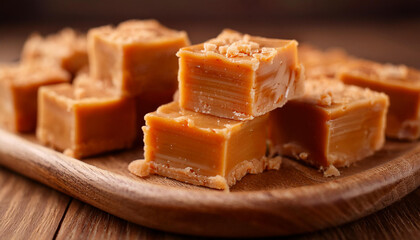 Freshly cut squares of caramel fudge on rustic wooden platter. Sweet and tasty food.