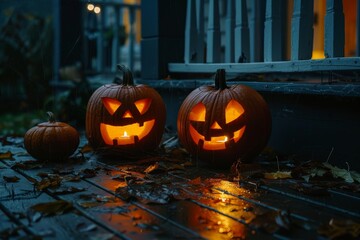 Obraz premium Two carved pumpkins with glowing light sitting on porch in the dark of night, Jack-o'-lanterns glowing with eerie light on a dark porch