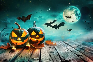 Carved pumpkins with glowing faces under a full moon in a spooky Halloween setting at night