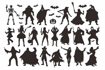 Halloween silhouettes of various spooky characters and decorations, ideal for festive events or crafts