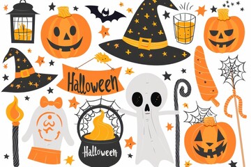 Colorful Halloween decorations featuring pumpkins, ghosts, and spooky elements