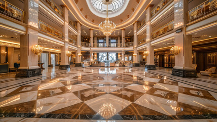 The elegant lobby of a luxury hotel with marble floors and chandeliers