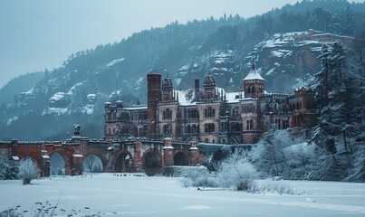 The historic castle ruins are snow-covered in the winter season