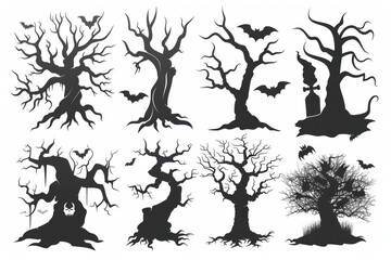 Silhouetted spooky trees and bats adorned with Halloween elements against a white background