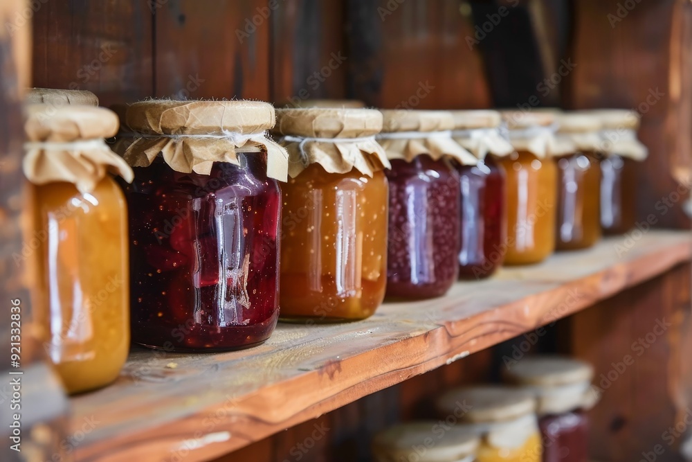 Poster multiple jars of jam neatly lined up on a shelf, jars of peanut butter and jelly on a shelf
