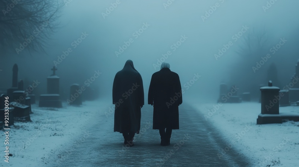 Poster Two people wearing dark coats walk through a fog-covered cemetery, creating a somber and reflective atmosphere, highlighting themes of memory and loss in a desolate setting.