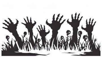 Fototapeta premium Silhouetted hands and skulls rising from grass in a spooky graveyard setting at night