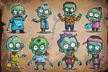 Obraz premium Colorful cartoon zombies in various outfits and poses for Halloween-themed artwork