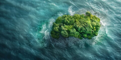 illustration drone view of green island with lush trees located in rippling sea water with foamy waves on summer day