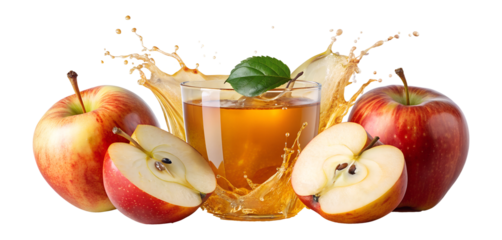 Apple juice splashing with fresh apples, PNG transparent