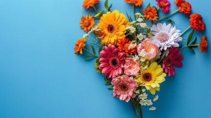 Fototapeta premium Top view arrangement of colorful flowers with heart shape placed on blue background