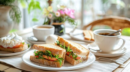 Traditional breakfast setup with sandwich and coffee