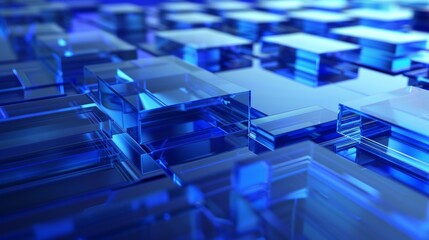 Transparent Shapes on a Blue Surface. Innovative Tech Concept with space for text