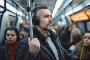 Middle-aged man standing in a crowded public bus wearing headphones