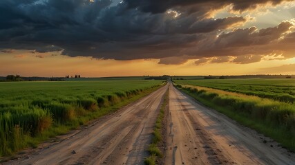 Fototapeta premium Gorgeous rural summer scenery, a view of a summer green field with a deserted road, and a cloudy, sunset sky