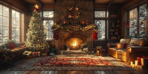 Fototapeta premium Cozy Christmas living room with a decorated tree and fireplace