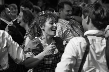 Obraz premium A group of people standing in a circle, joyously dancing and laughing as they celebrate, Joyous dancing and laughter as people celebrate the spirit of Oktoberfest