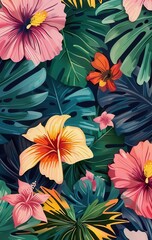 Floral design showcases a blend of hibiscus flowers and tropical leaves in bright, lively colors