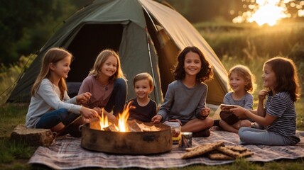 A cozy family campout under the stars with a warm campfire and s’mores on the August bank holiday weekend
